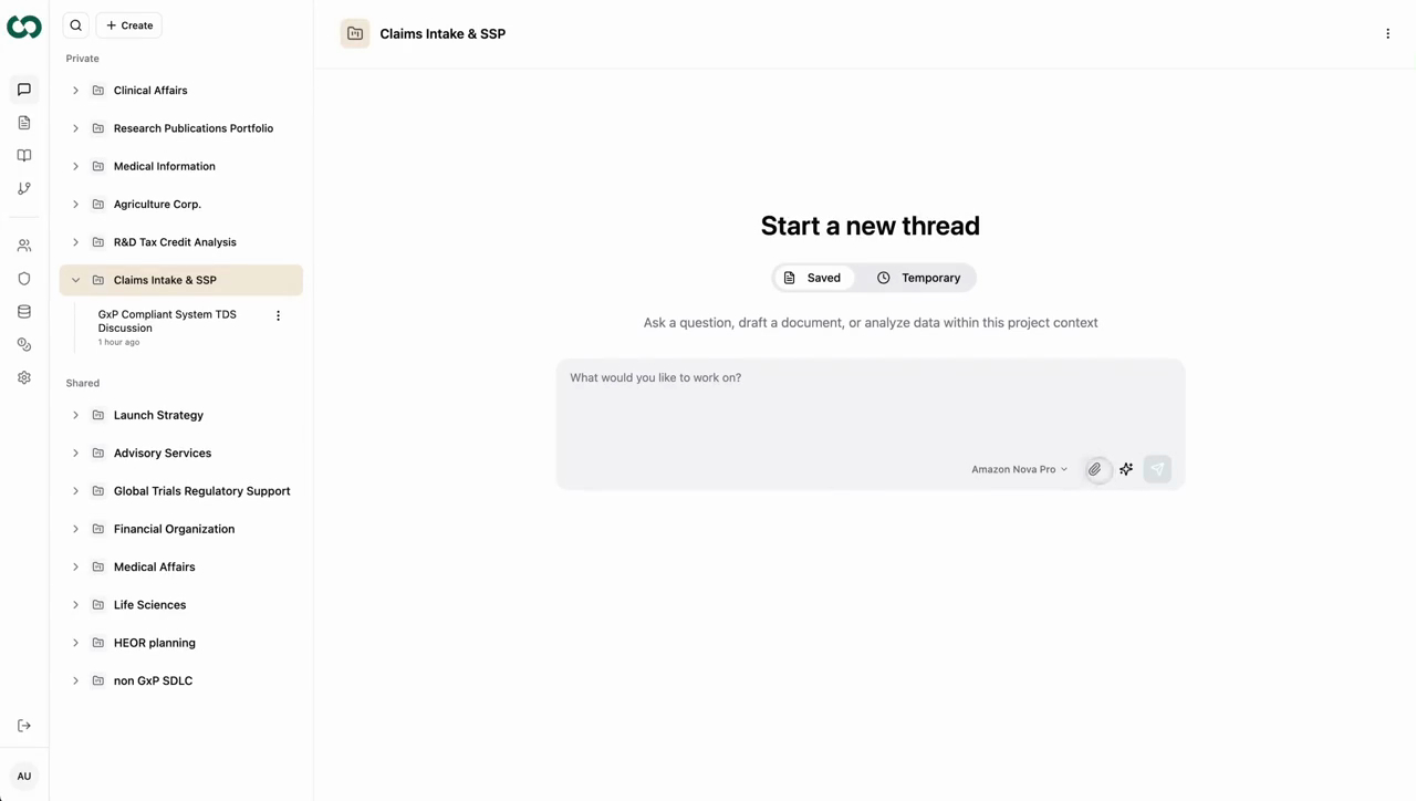Cohesta app — start a new thread within a governed project workspace
